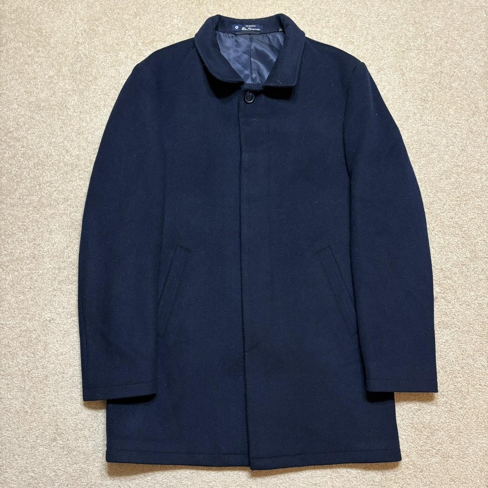 Ben Sherman Coat Mens 42 Blue Wool Herringbone‎ Overcoat Lined Pockets Winter